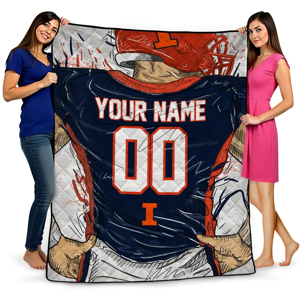 personalized illinois fighting illini player sketch blue gray quilt blanket best selling