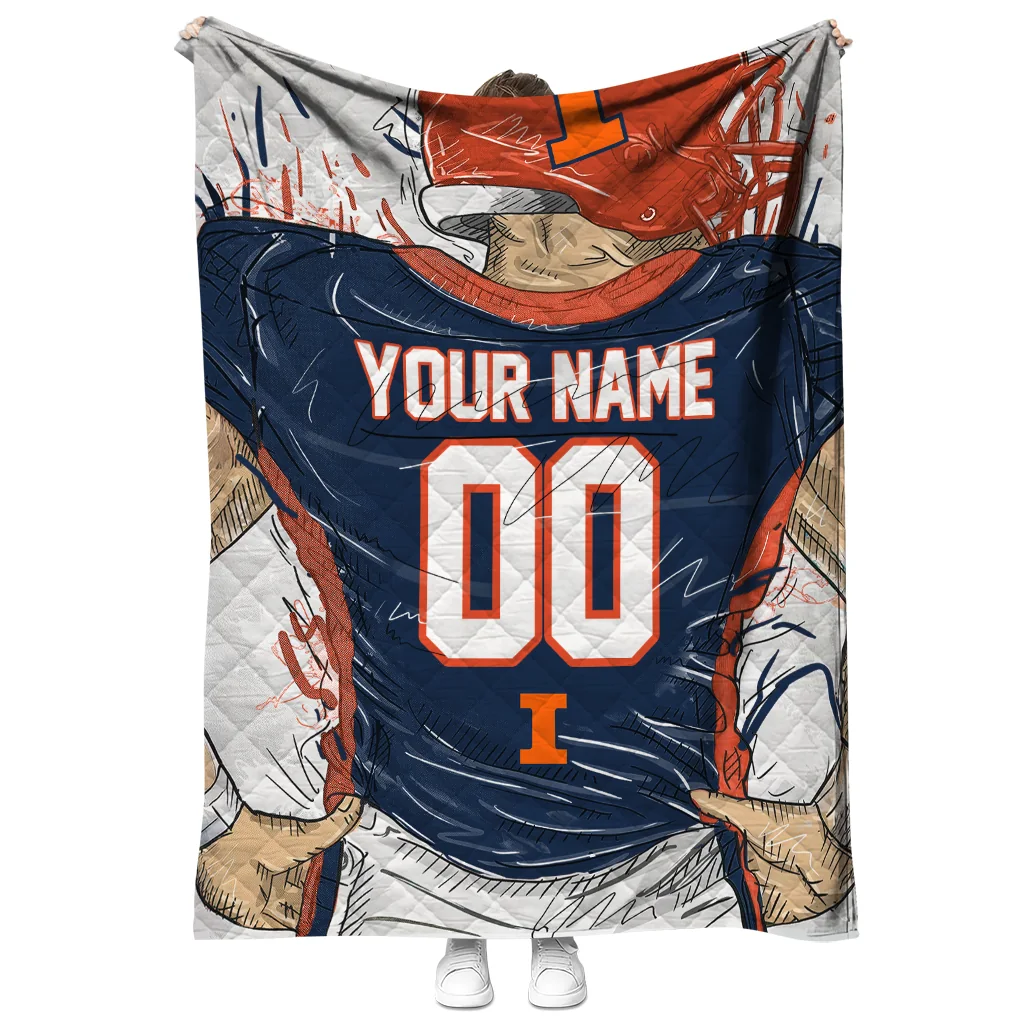 personalized illinois fighting illini player sketch blue gray quilt blanket fashion forward