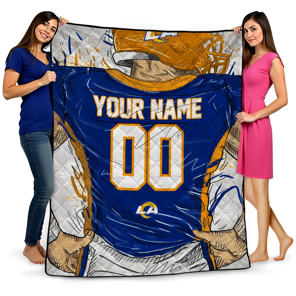 personalized los angeles rams player sketch blue gray quilt blanket best selling