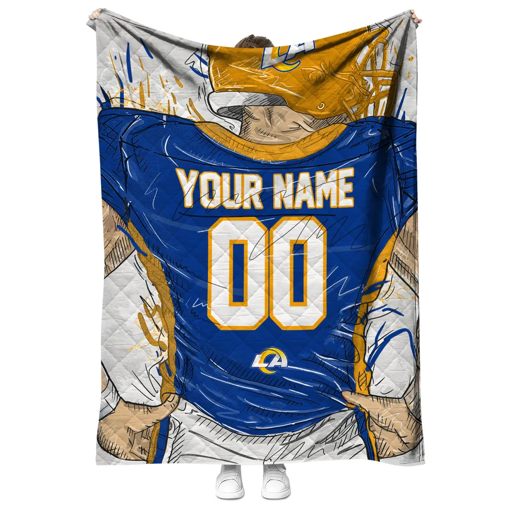 personalized los angeles rams player sketch blue gray quilt blanket fashion forward