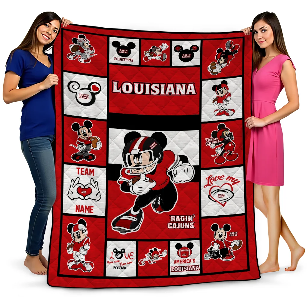 personalized louisiana ragin cajuns mickey crimson red white quilt blanket best selling