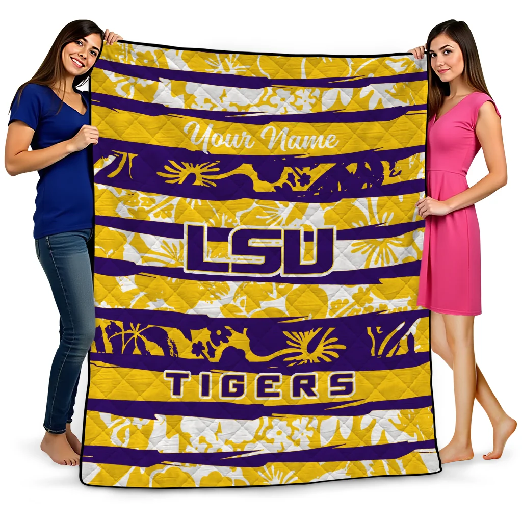 personalized lsu tigers layered florals purple white quilt blanket best selling