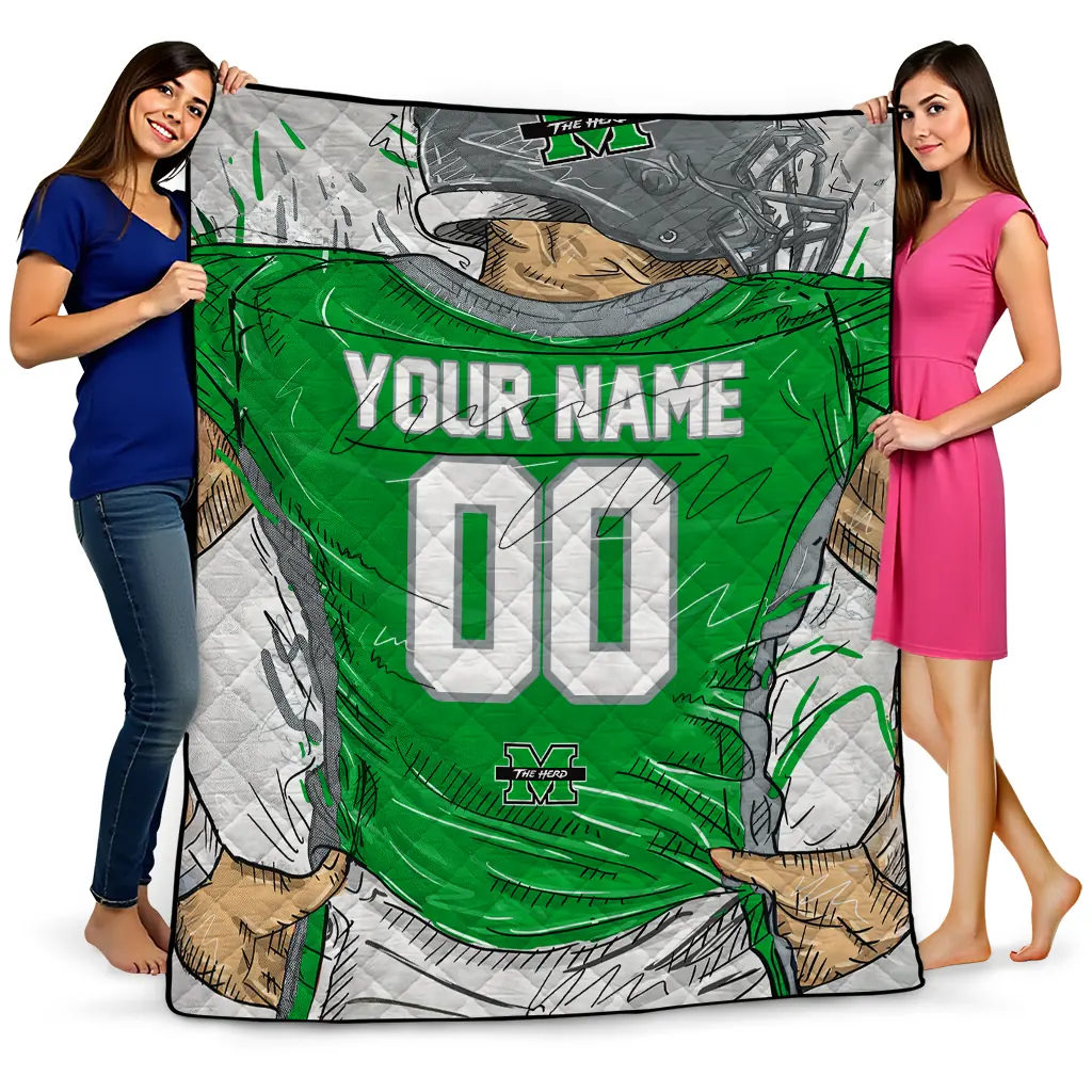 personalized marshall thundering herd player sketch green gray quilt blanket best selling personalized marshall thundering herd player sketch green gray quilt blanket best selling