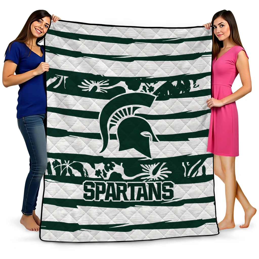 personalized michigan state spartans layered florals green white quilt blanket best selling