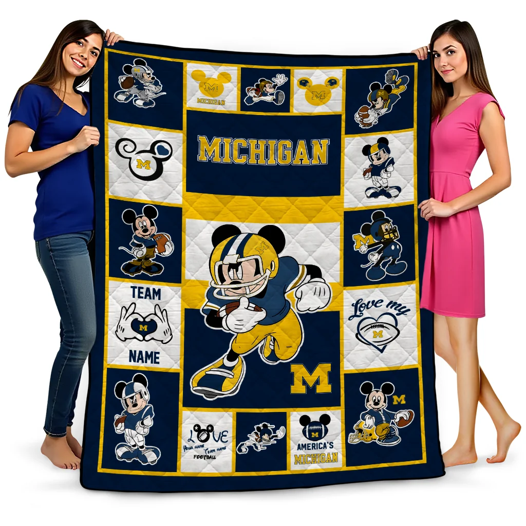 personalized michigan wolverines mickey crimson blue white quilt blanket best selling