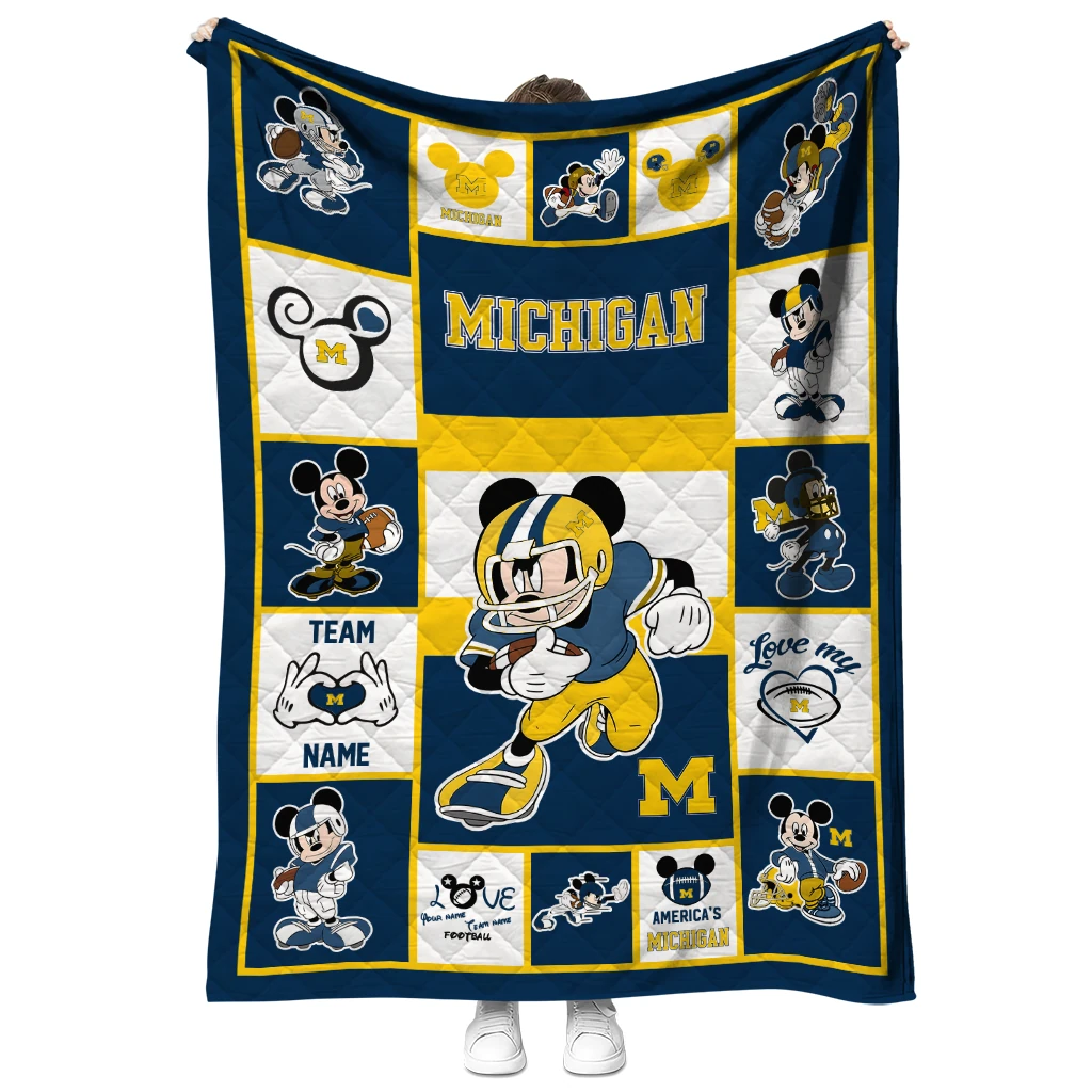 personalized michigan wolverines mickey crimson blue white quilt blanket fashion forward