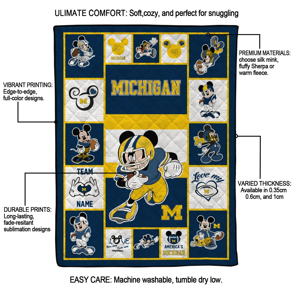 personalized michigan wolverines mickey crimson blue white quilt blanket latest model personalized michigan wolverines mickey crimson blue white quilt blanket latest model