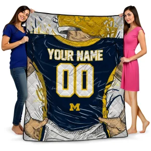 personalized michigan wolverines player sketch blue gray quilt blanket best selling