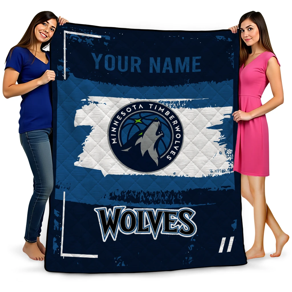 personalized minnesota timberwolves grunge patch midnight blue white quilt blanket best selling