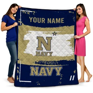 personalized navy midshipmen grunge patch blue white quilt blanket best selling