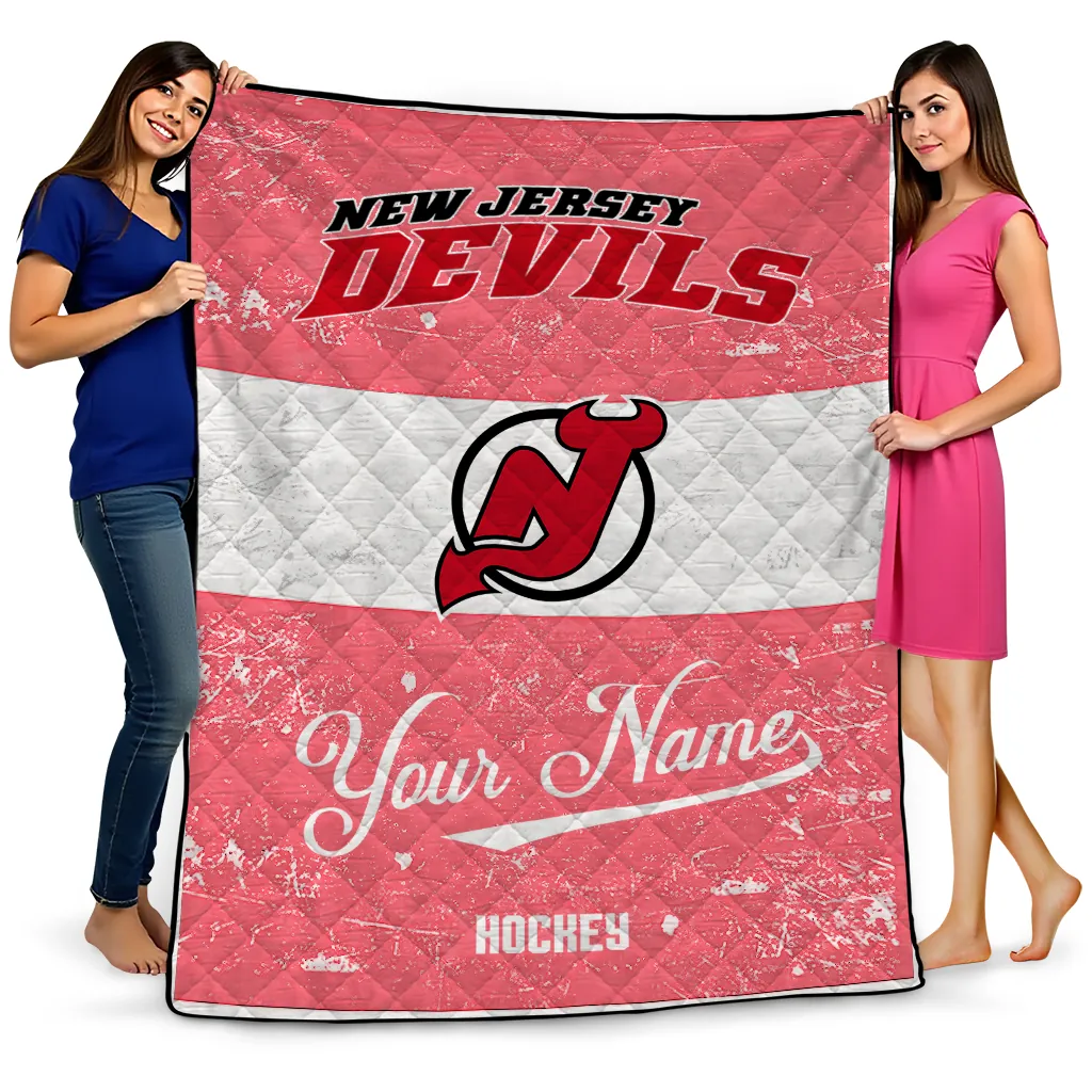 personalized new jersey devils pinstripe lines red white quilt blanket best selling