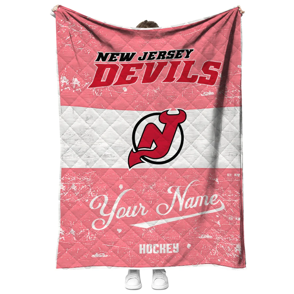 personalized new jersey devils pinstripe lines red white quilt blanket fashion forward