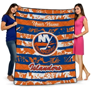 personalized new york islanders layered florals blue white quilt blanket best selling
