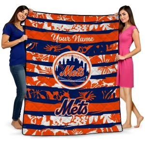 personalized new york mets layered florals blue white quilt blanket best selling