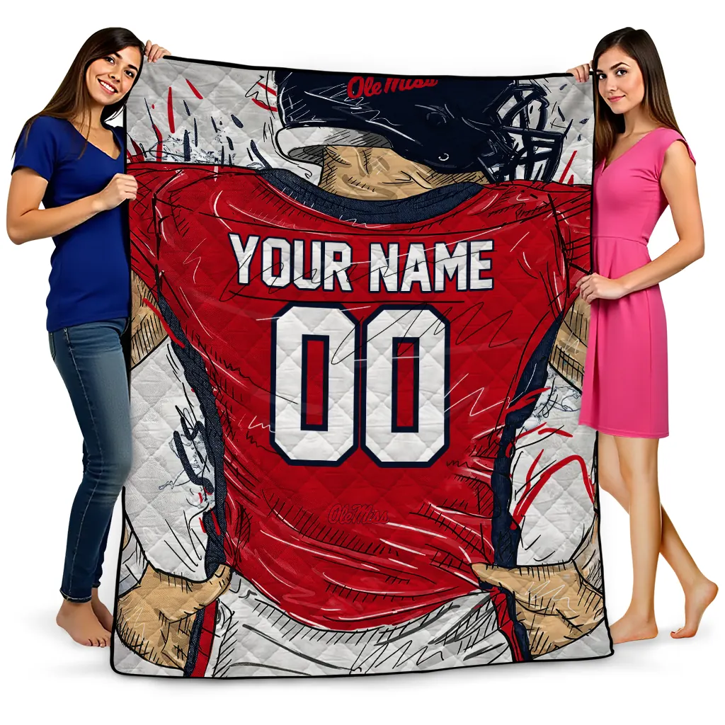 personalized ole miss rebels player sketch red gray quilt blanket best selling