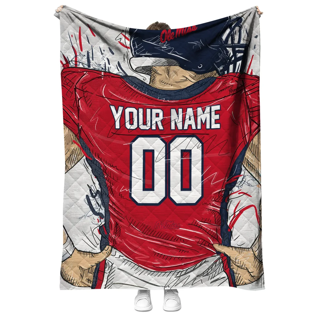 personalized ole miss rebels player sketch red gray quilt blanket fashion forward