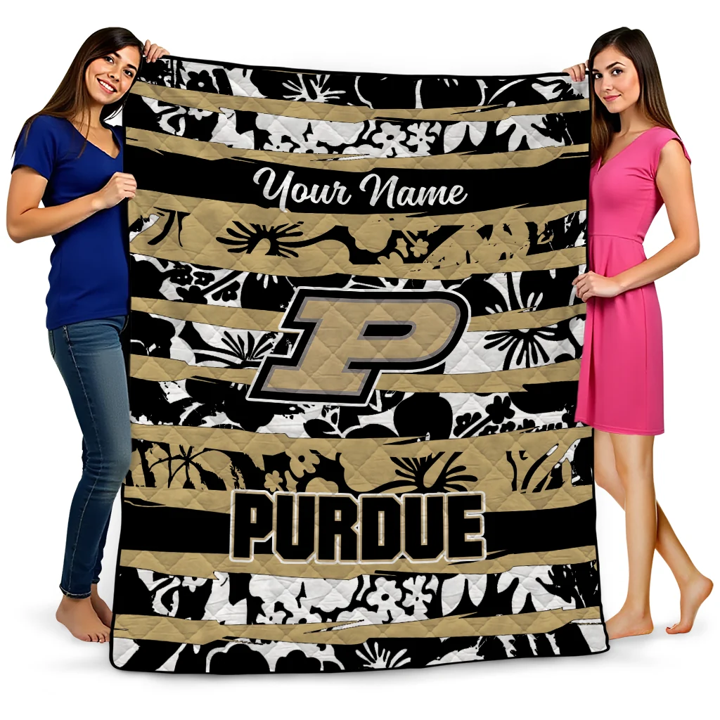 personalized purdue boilermakers layered florals gold white quilt blanket best selling