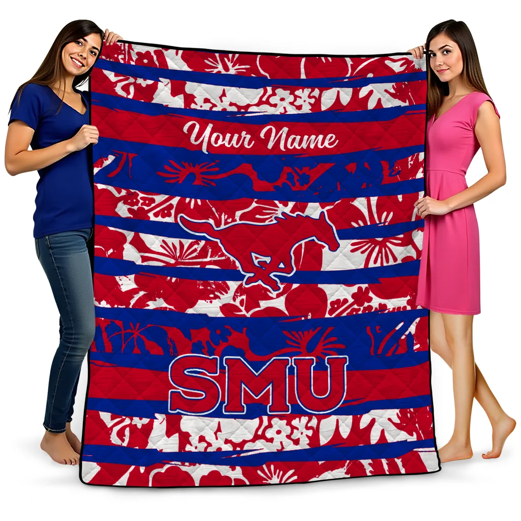 personalized smu mustangs layered florals blue white quilt blanket best selling