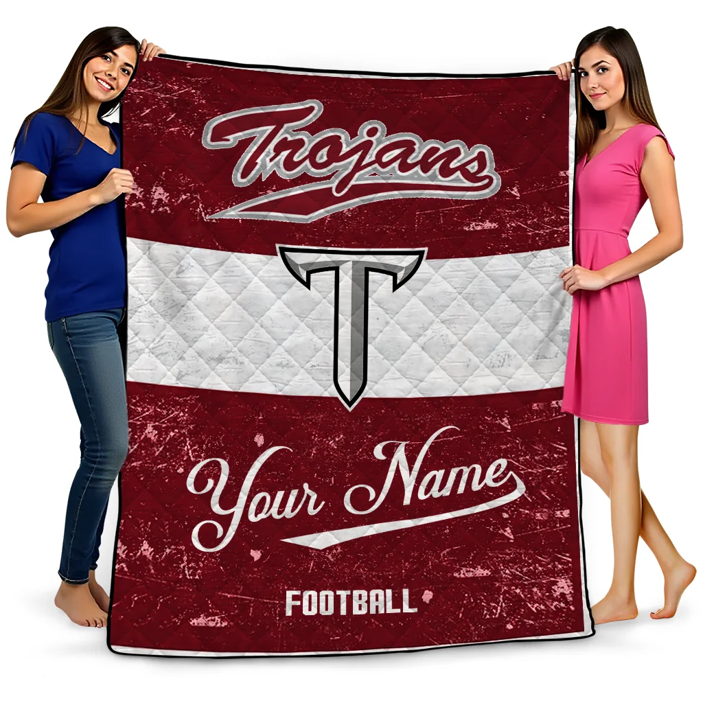 personalized troy trojans hibiscus burst red white quilt blanket best selling