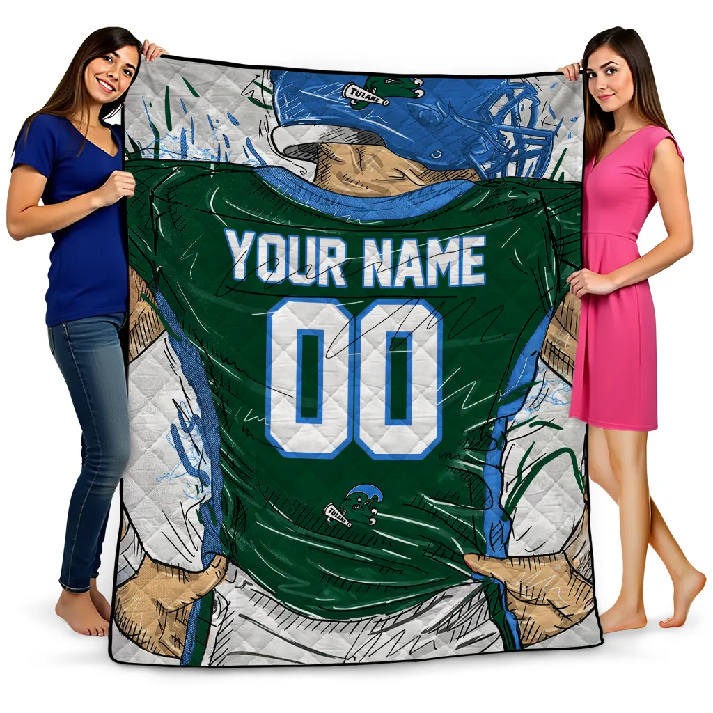 personalized tulane green wave player sketch green gray quilt blanket best selling