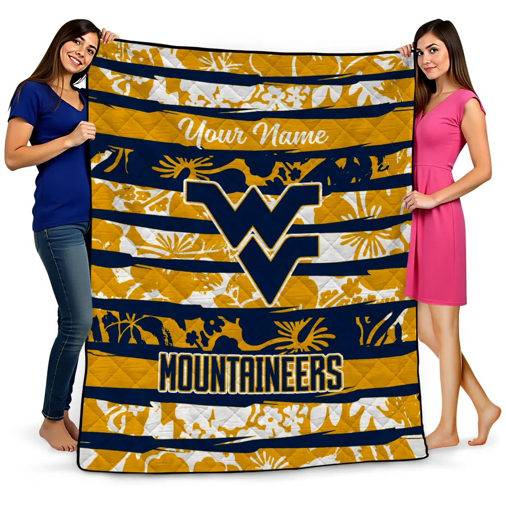 personalized west virginia mountaineers layered florals blue white quilt blanket best selling