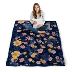 rice owls hibiscus foliage navy blue quilt blanket best selling
