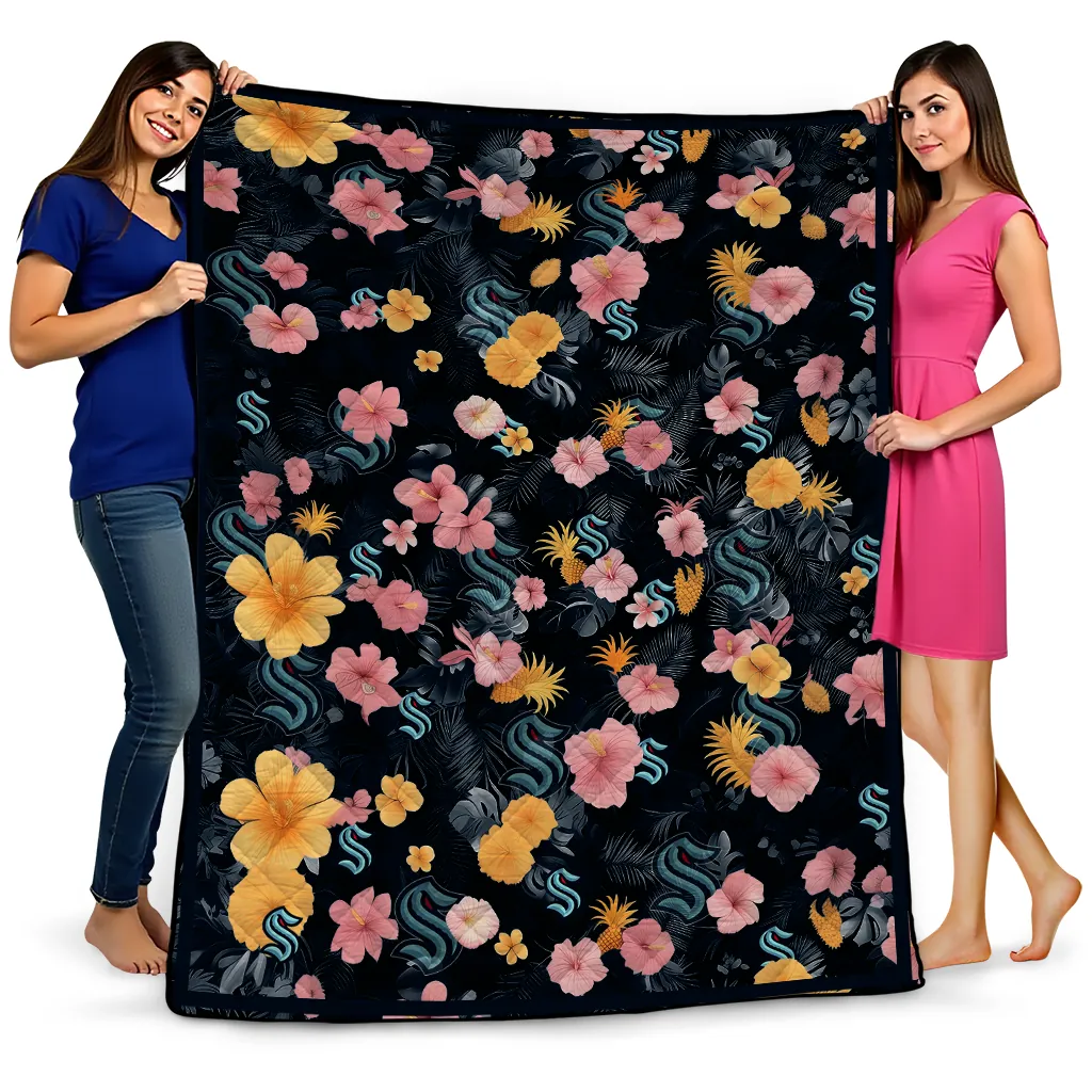 seattle kraken hibiscus foliage blue quilt blanket best selling seattle kraken hibiscus foliage blue quilt blanket best selling