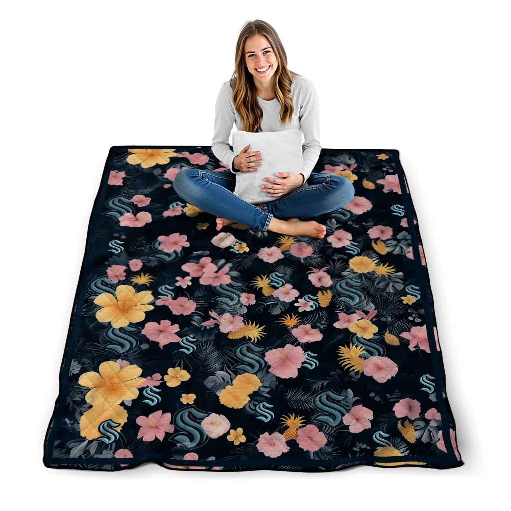 seattle kraken hibiscus foliage blue quilt blanket high quality seattle kraken hibiscus foliage blue quilt blanket high quality