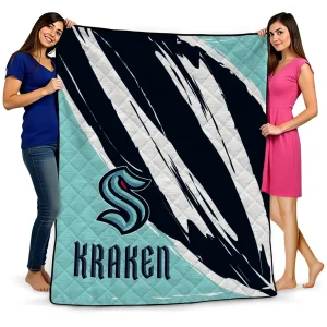 seattle kraken stroke art blue white quilt blanket best selling