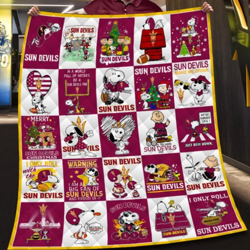 Arizona State Sun Devils Quilt Blanket Snoopy Checkerboard Maroon White