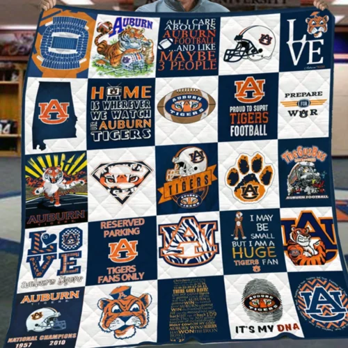 Auburn Tigers Quilt Blanket Collage Patchwork Blue Orange