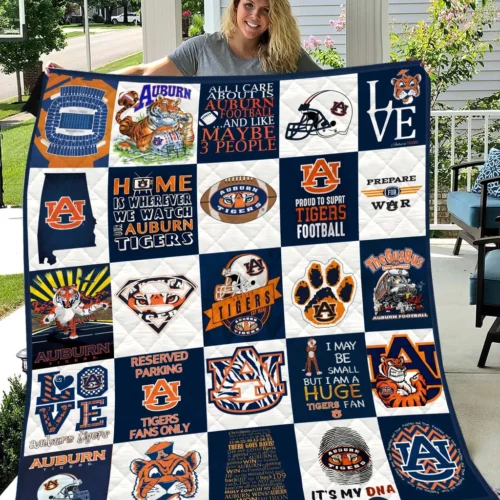 Auburn Tigers Quilt Blanket Football Patchwork Blue Orange