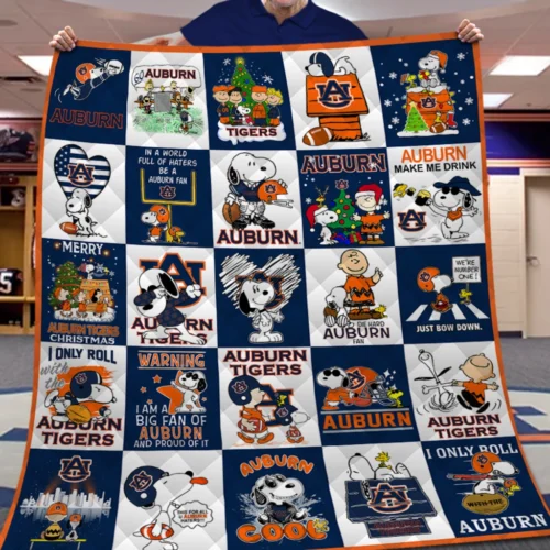 Auburn Tigers Quilt Blanket Snoopy Patchwork Blue Orange