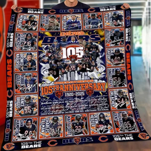 Chicago Bears Quilt Blanket 105th Anniversary Navy Blue Orange