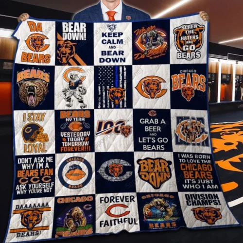 Chicago Bears Quilt Blanket Patchwork Logo Blue Orange