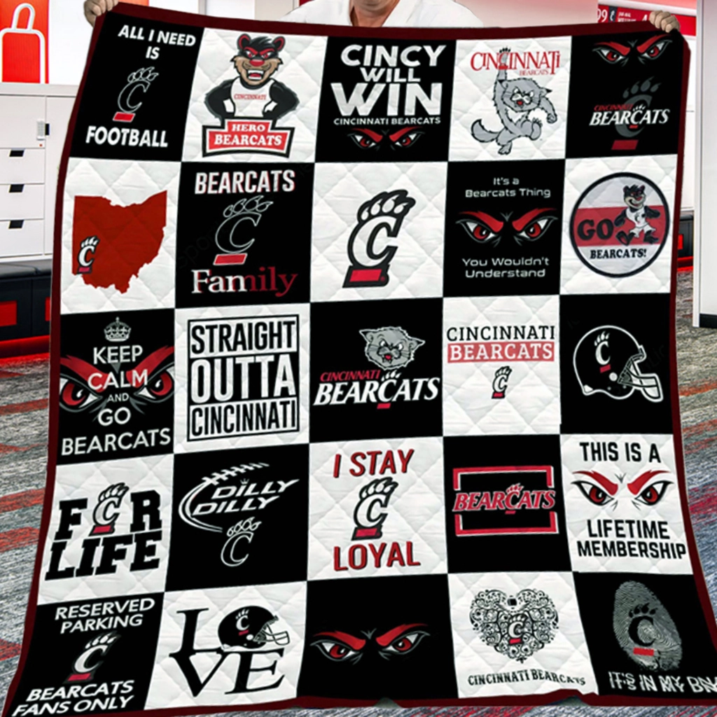 Cincinnati Bearcats Quilt Blanket Patchwork Logo Black White Cincinnati Bearcats Quilt Blanket Patchwork Logo Black White