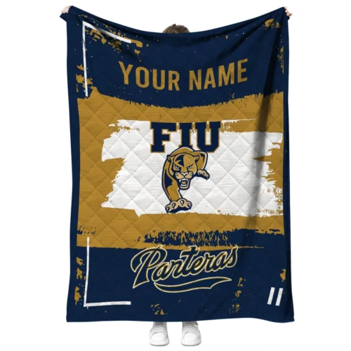 custom fiu panthers grunge patch blue white quilt blanket fashion forward.webp