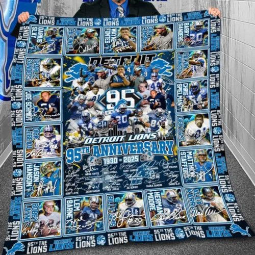 Detroit Lions Quilt Blanket 95th Anniversary Blue White