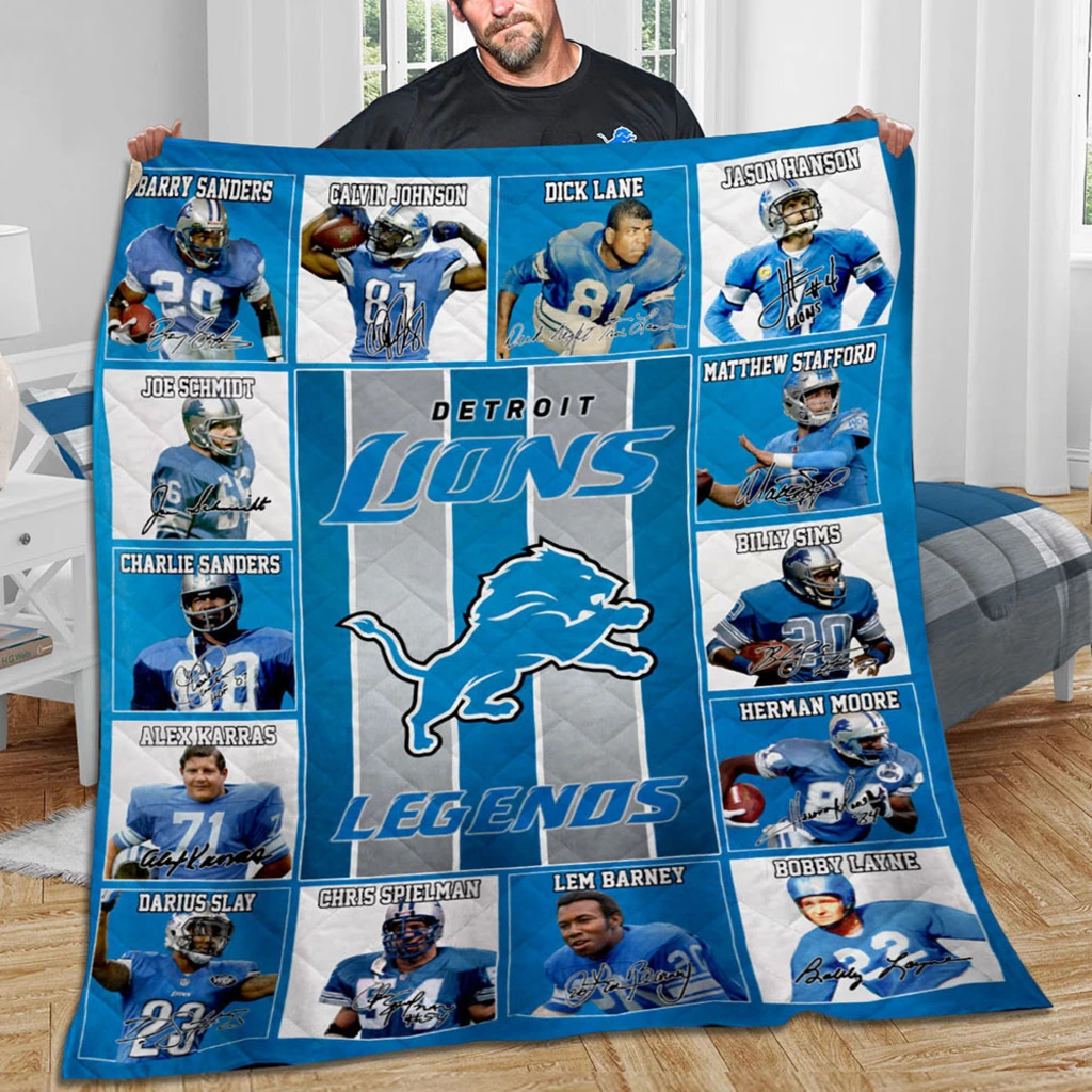 Detroit Lions Quilt Blanket Legends Player Montage Blue White Detroit Lions Quilt Blanket Legends Player Montage Blue White