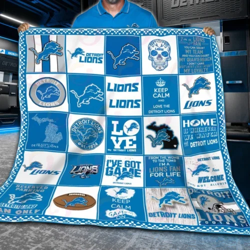 Detroit Lions Quilt Blanket Patchwork Logo Blue White