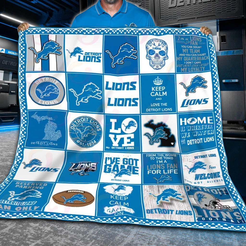 Detroit Lions Quilt Blanket Patchwork Logo Blue White Detroit Lions Quilt Blanket Patchwork Logo Blue White