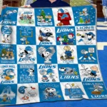 Detroit Lions Quilt Blanket Snoopy Cartoon Blue White
