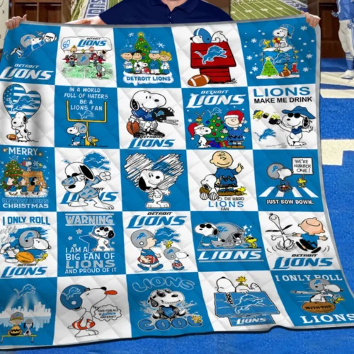 Detroit Lions Quilt Blanket Snoopy Cartoon Blue White