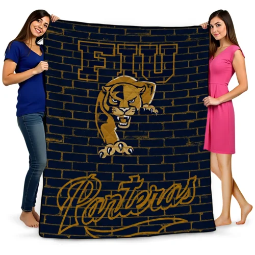 fiu panthers brick grid blue quilt blanket best selling.webp