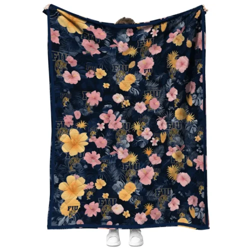 fiu panthers hibiscus foliage blue quilt blanket fashion forward.webp