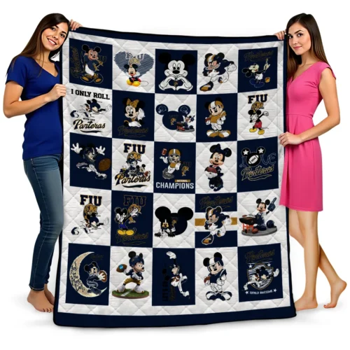 fiu panthers mickey mouse motif blue white quilt blanket best selling.webp