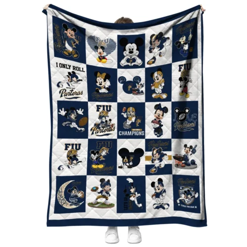 fiu panthers mickey mouse motif blue white quilt blanket fashion forward.webp