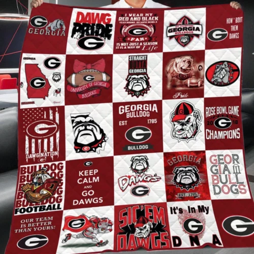 Georgia Bulldogs Quilt Blanket Patchwork Logo Red White