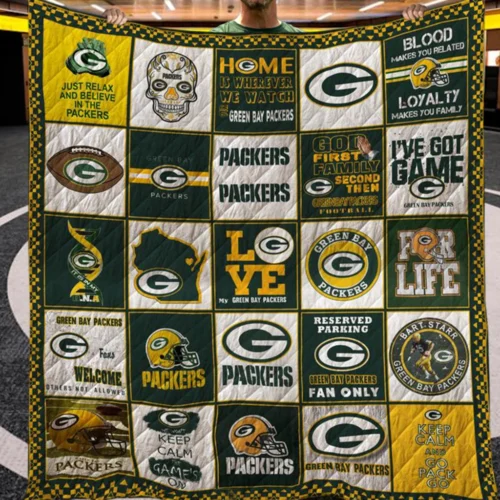 Green Bay Packers Quilt Blanket Patchwork Logo Green Yellow