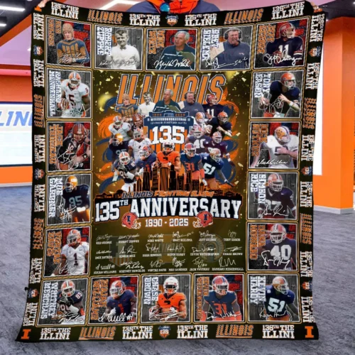 Illinois Fighting Illini Quilt Blanket 135th Anniversary Orange Blue